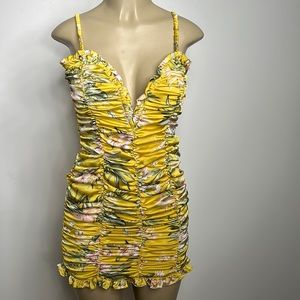 Alira yellow floral rutched bodycon satin dress medium
